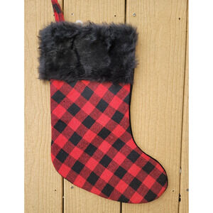 18" Red Traditional Plaid & Fur Christmas Stocking New Holiday Living